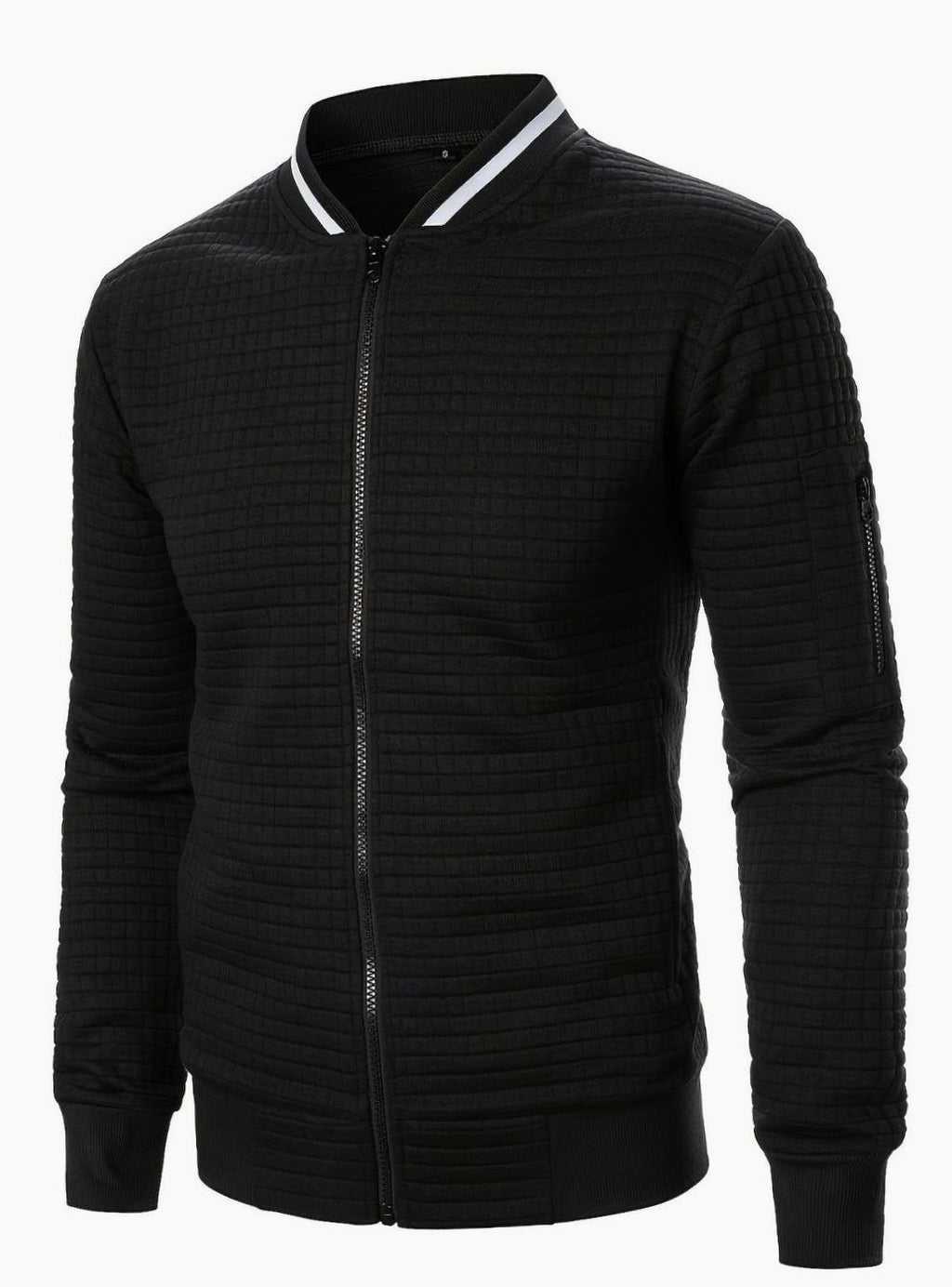 Men's Textured Zip-Up Bomber Jacket Ribbed Trim