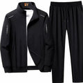 Men's Two-Piece Zip-Up Casual Tracksuit Jogger Set - Black