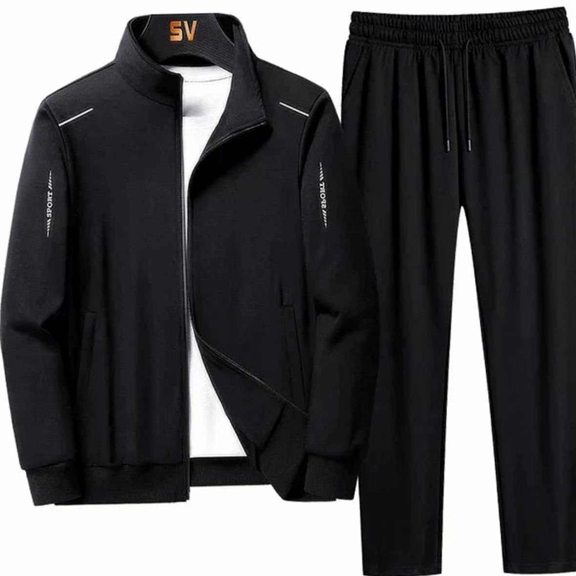 Men's Two-Piece Zip-Up Casual Tracksuit Jogger Set - Black