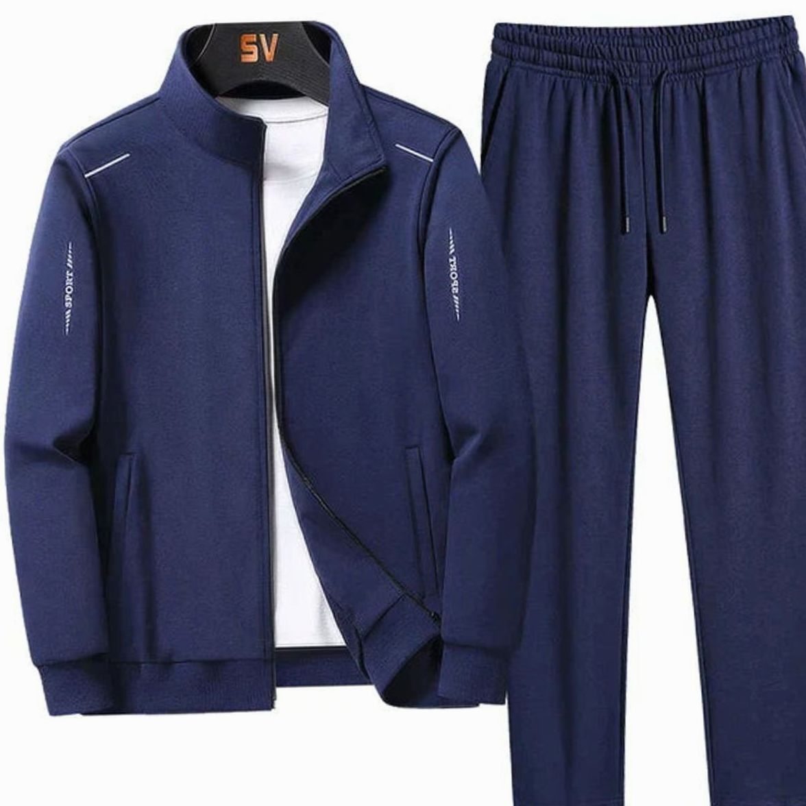 Men's Two-Piece Zip-Up Casual Tracksuit Jogger Set - Dark Blue