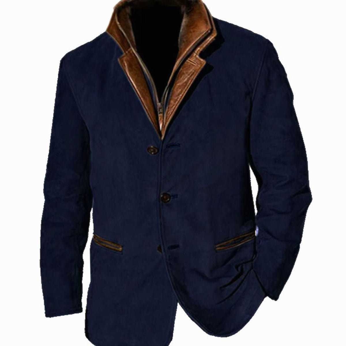 Men's Vintage Suede Faux Leather Button-Front Blazer Jacket - Navy Blue