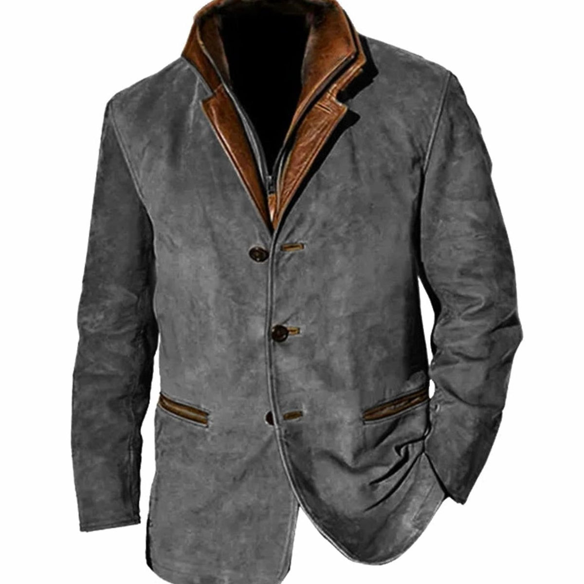 Men's Vintage Suede Faux Leather Button-Front Blazer Jacket - Gray