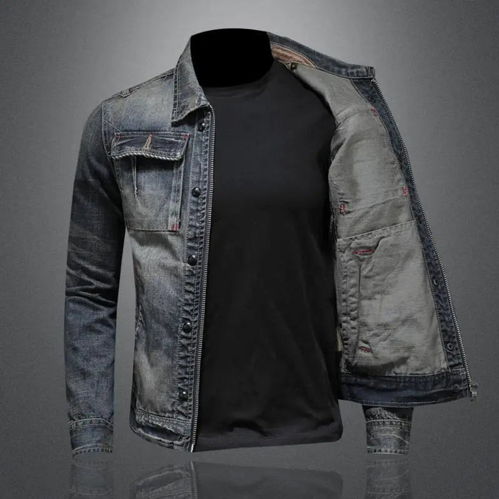 Men's Vintage Washed Retro Denim Jacket Mens Wool Coat Style