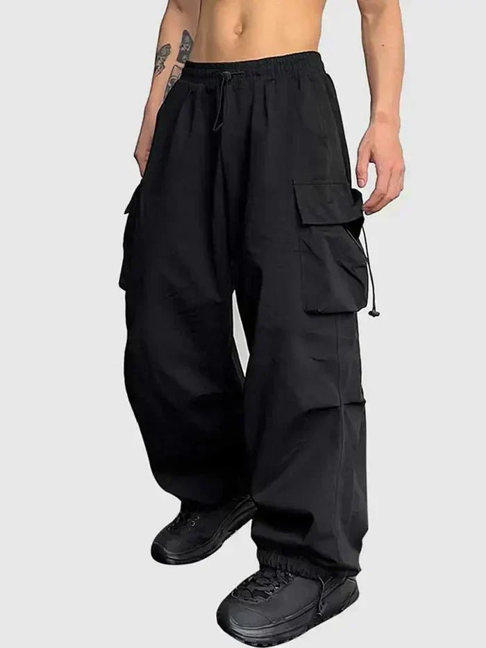 Men's Wide-Leg Cargo Pants Elastic Waist Toggle Cuffs - Black