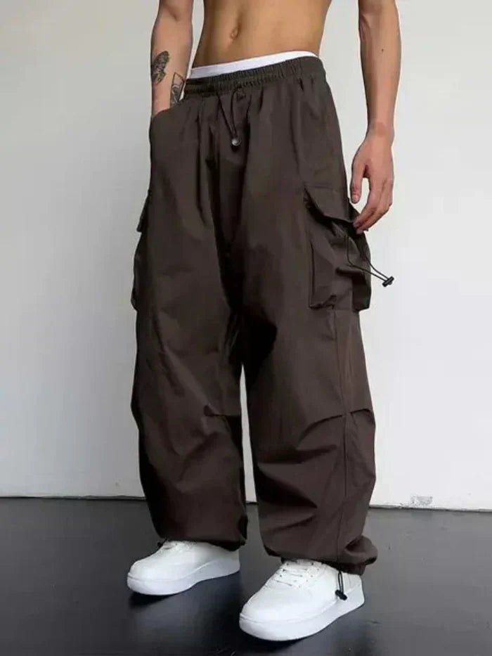 Men's Wide-Leg Cargo Pants Elastic Waist Toggle Cuffs - Dark Brown
