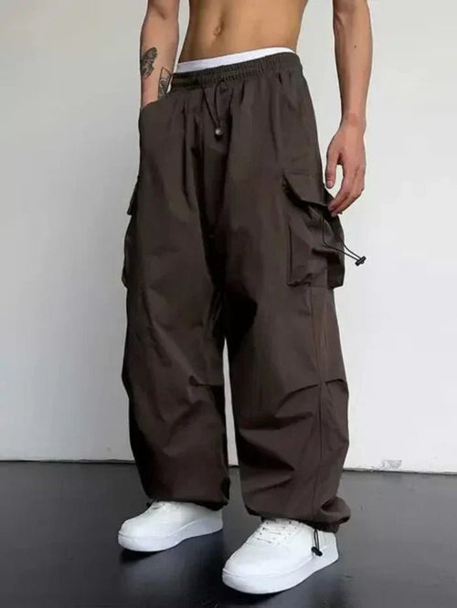 Men's Wide-Leg Cargo Pants Elastic Waist Toggle Cuffs - Dark Brown