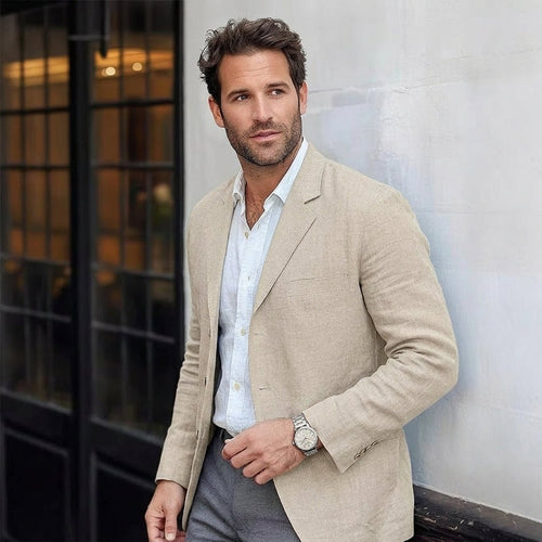 Mens Winter Coat Linen-Blend Unstructured Relaxed-Fit Blazer - Cream