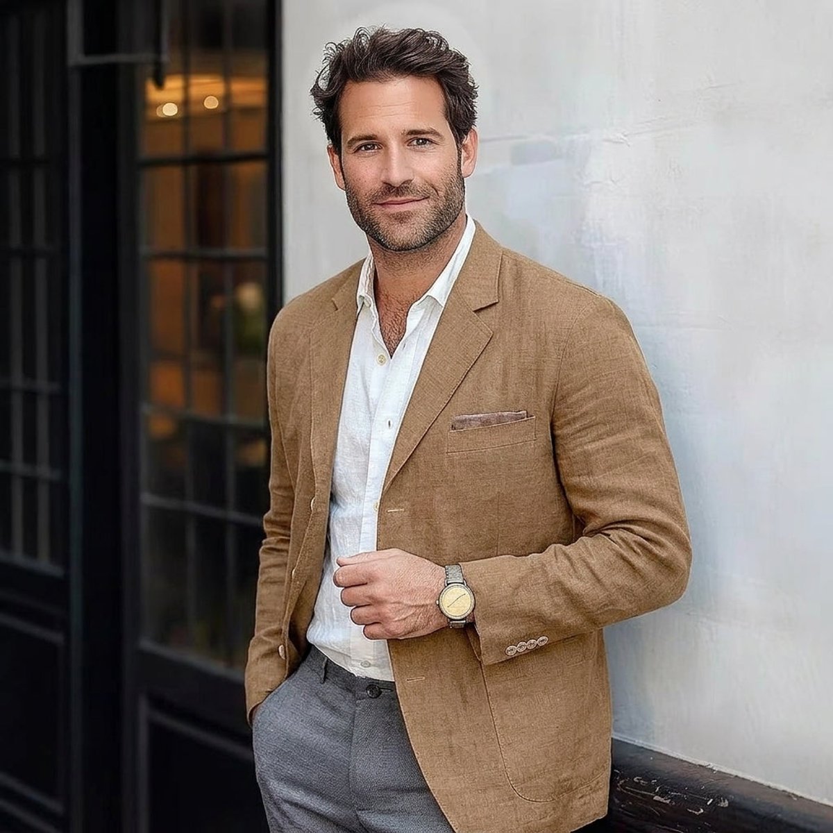 Mens Winter Coat Linen-Blend Unstructured Relaxed-Fit Blazer - Brown