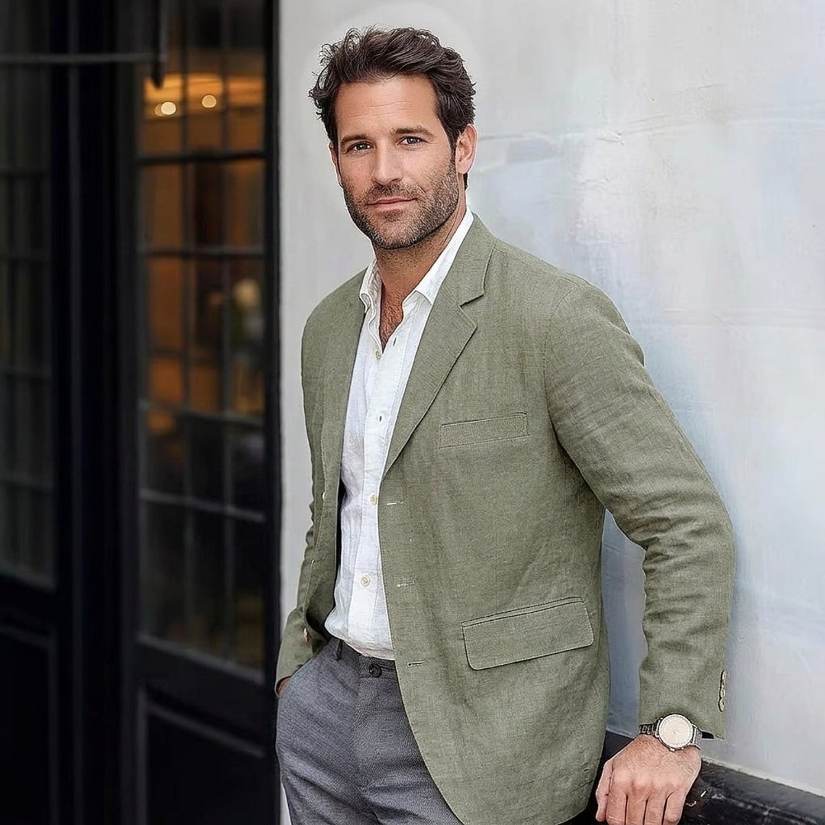 Mens Winter Coat Linen-Blend Unstructured Relaxed-Fit Blazer - Green