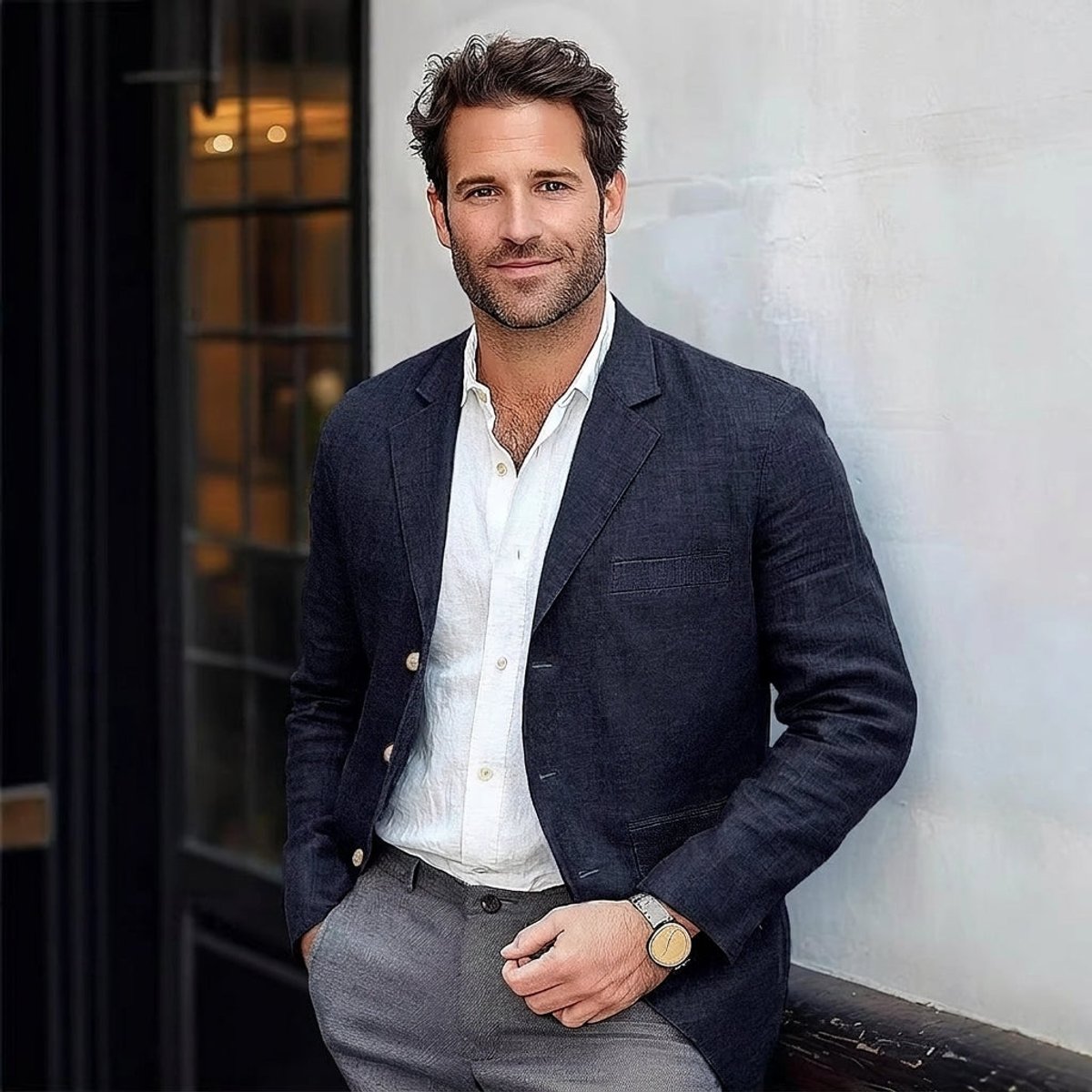 Mens Winter Coat Linen-Blend Unstructured Relaxed-Fit Blazer - Navy