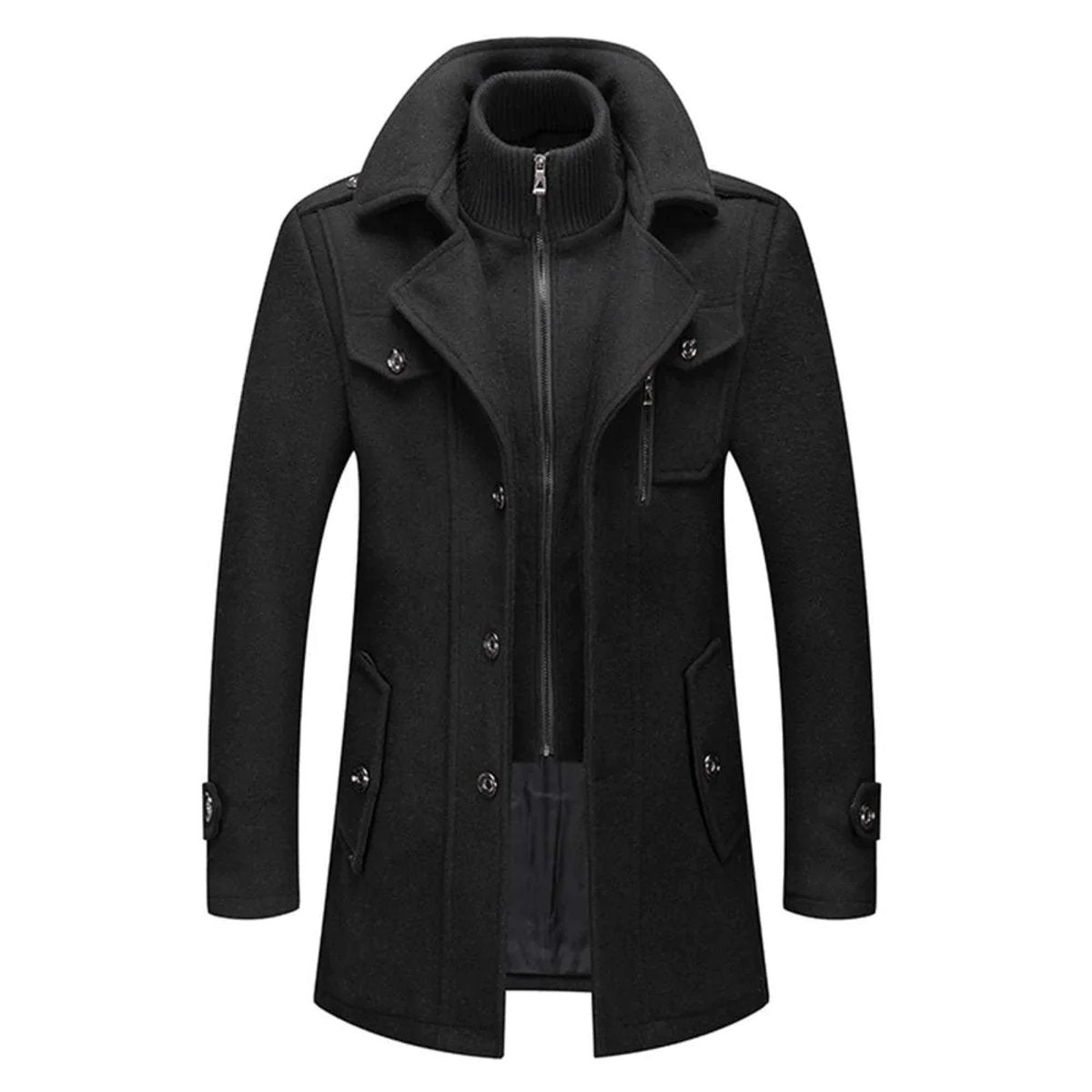 Mens Wool Coat Double-Layer Winter Overcoat Knit Collar - Black