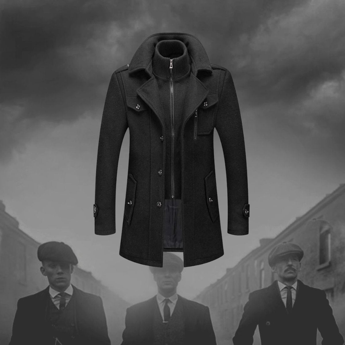 Mens Wool Coat Double-Layer Winter Overcoat Knit Collar