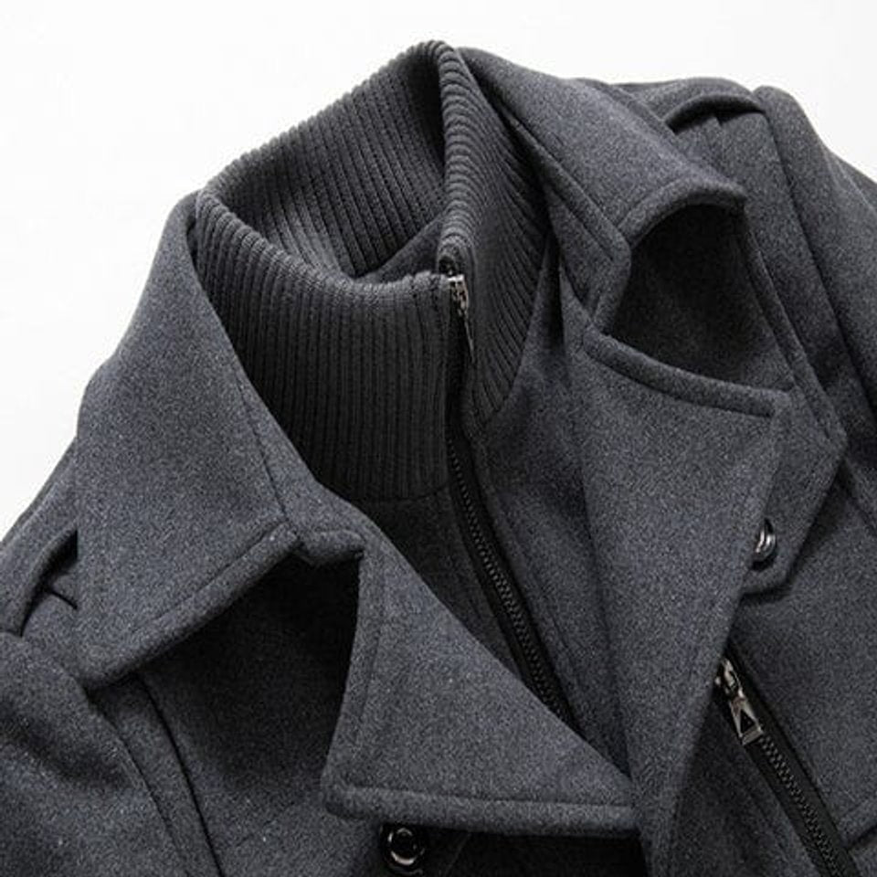 Mens Wool Coat Double-Layer Winter Overcoat Knit Collar