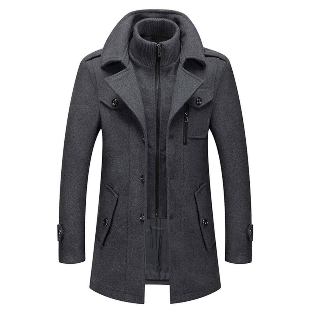 Mens Wool Coat Double-Layer Winter Overcoat Knit Collar - Gray