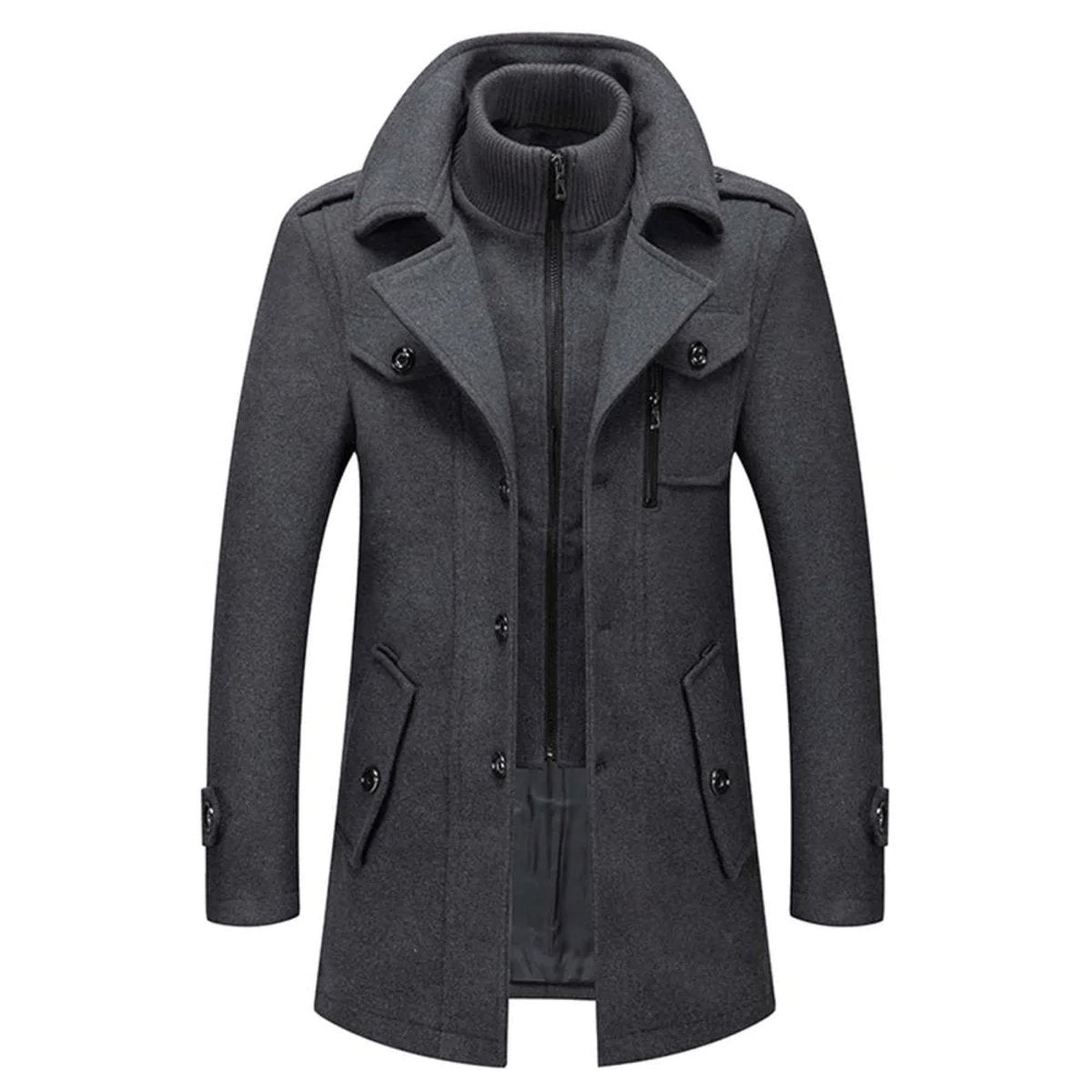 Mens Wool Coat Double-Layer Winter Overcoat Knit Collar - Gray