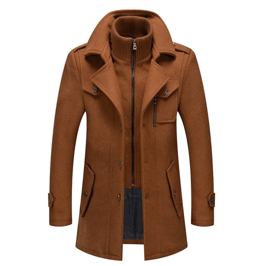 Mens Wool Coat Double-Layer Winter Overcoat Knit Collar - Brown