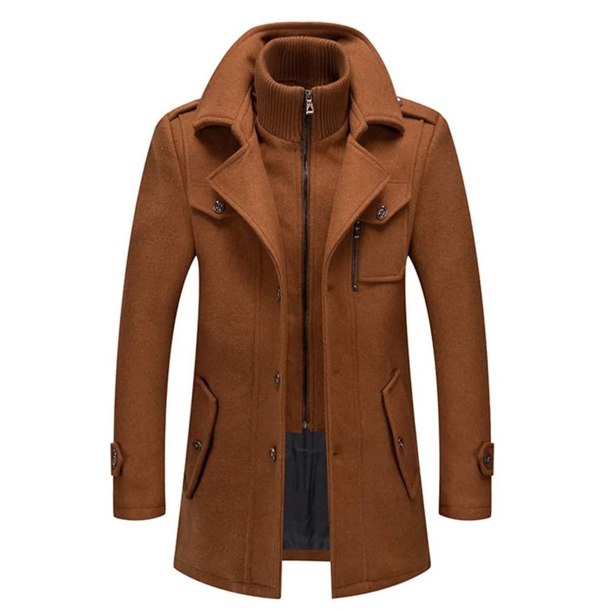 Mens Wool Coat Double-Layer Winter Overcoat Knit Collar - Brown