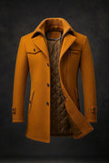 Men's Wool Coat Quilted-Lined Double-Collar Overcoat - Brown