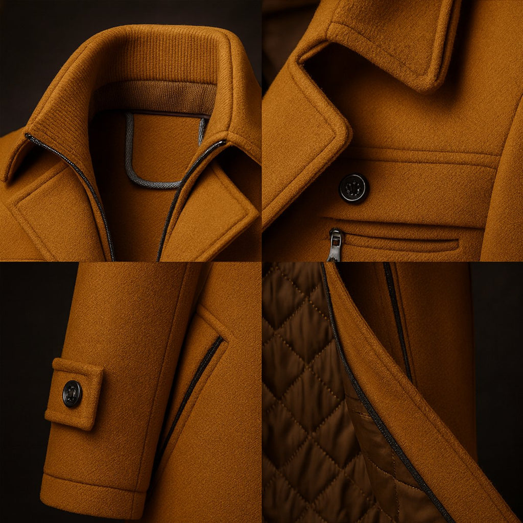 Men's Wool Coat Quilted-Lined Double-Collar Overcoat