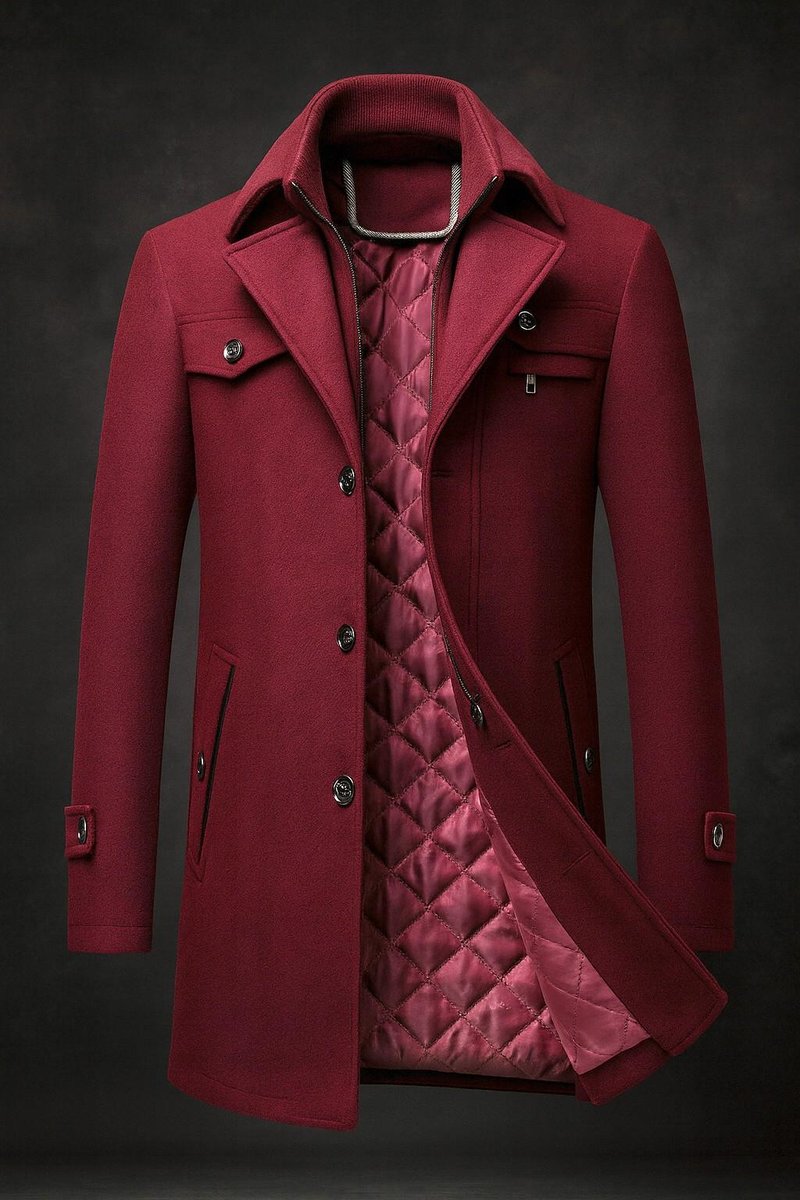 Men's Wool Coat Quilted-Lined Double-Collar Overcoat - Burgundy