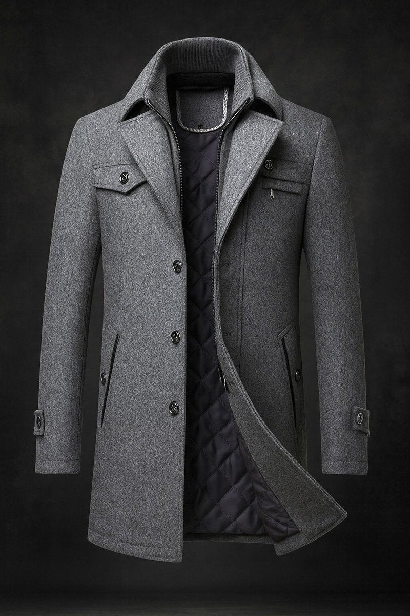 Men's Wool Coat Quilted-Lined Double-Collar Overcoat - Gray