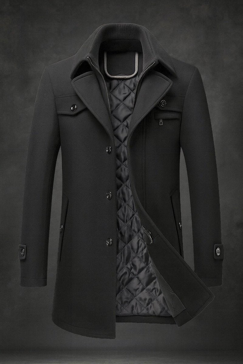 Men's Wool Coat Quilted-Lined Double-Collar Overcoat - Black