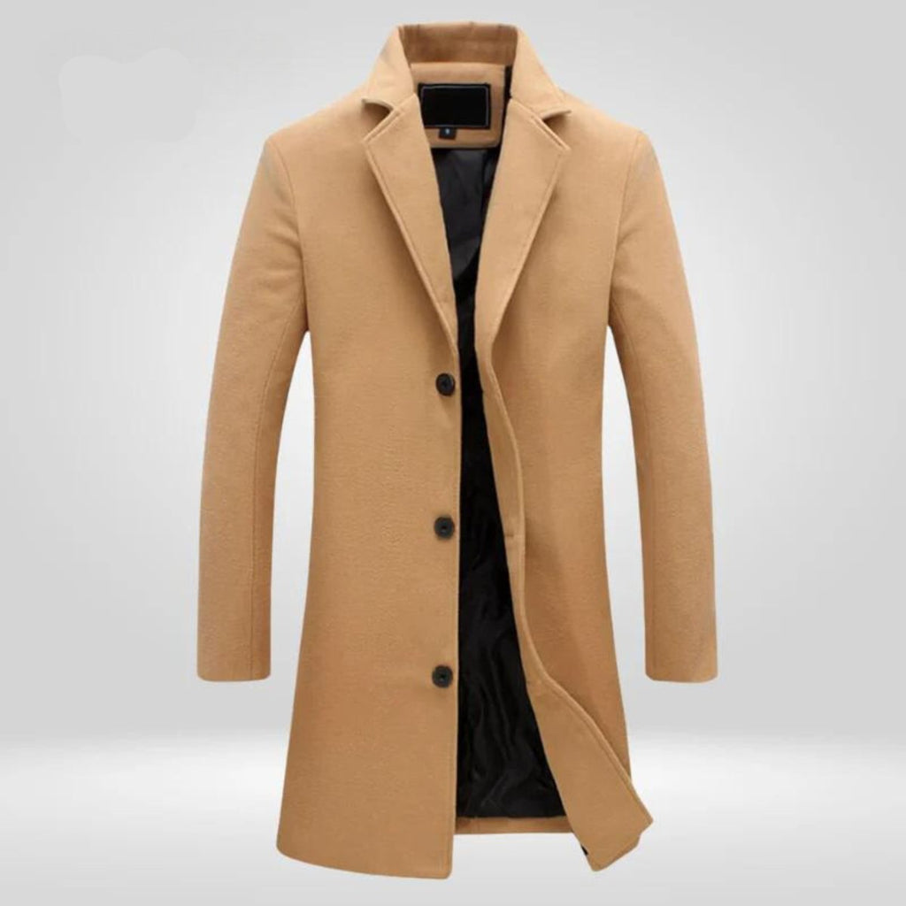 Mens Wool Coat Single-Breasted Longline Winter Overcoat - Camel