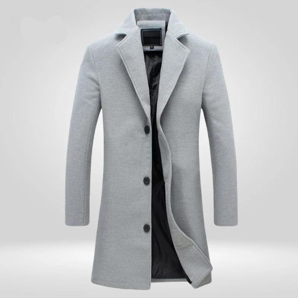 Mens Wool Coat Single-Breasted Longline Winter Overcoat - Gray