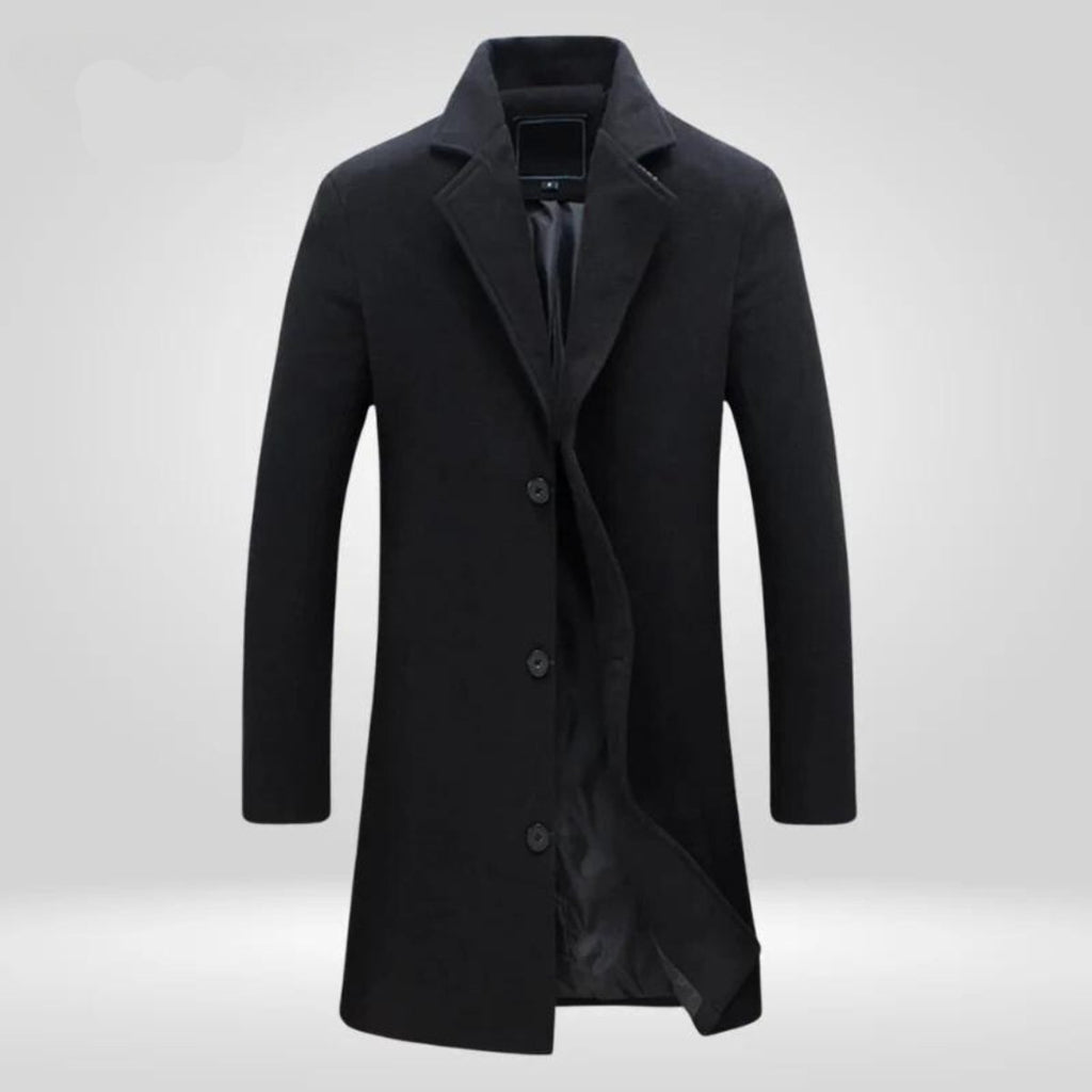 Mens Wool Coat Single-Breasted Longline Winter Overcoat - Black