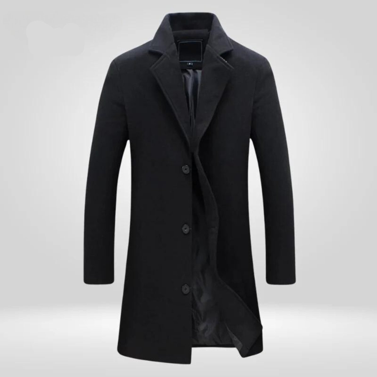 Mens Wool Coat Single-Breasted Longline Winter Overcoat - Black