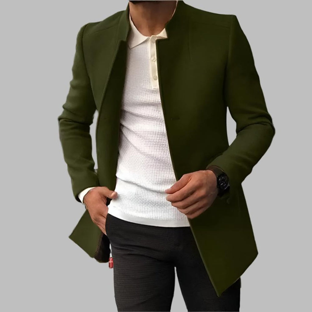 Mens Wool Coat Slim Fit Collarless Open Front Long Blazer - Green
