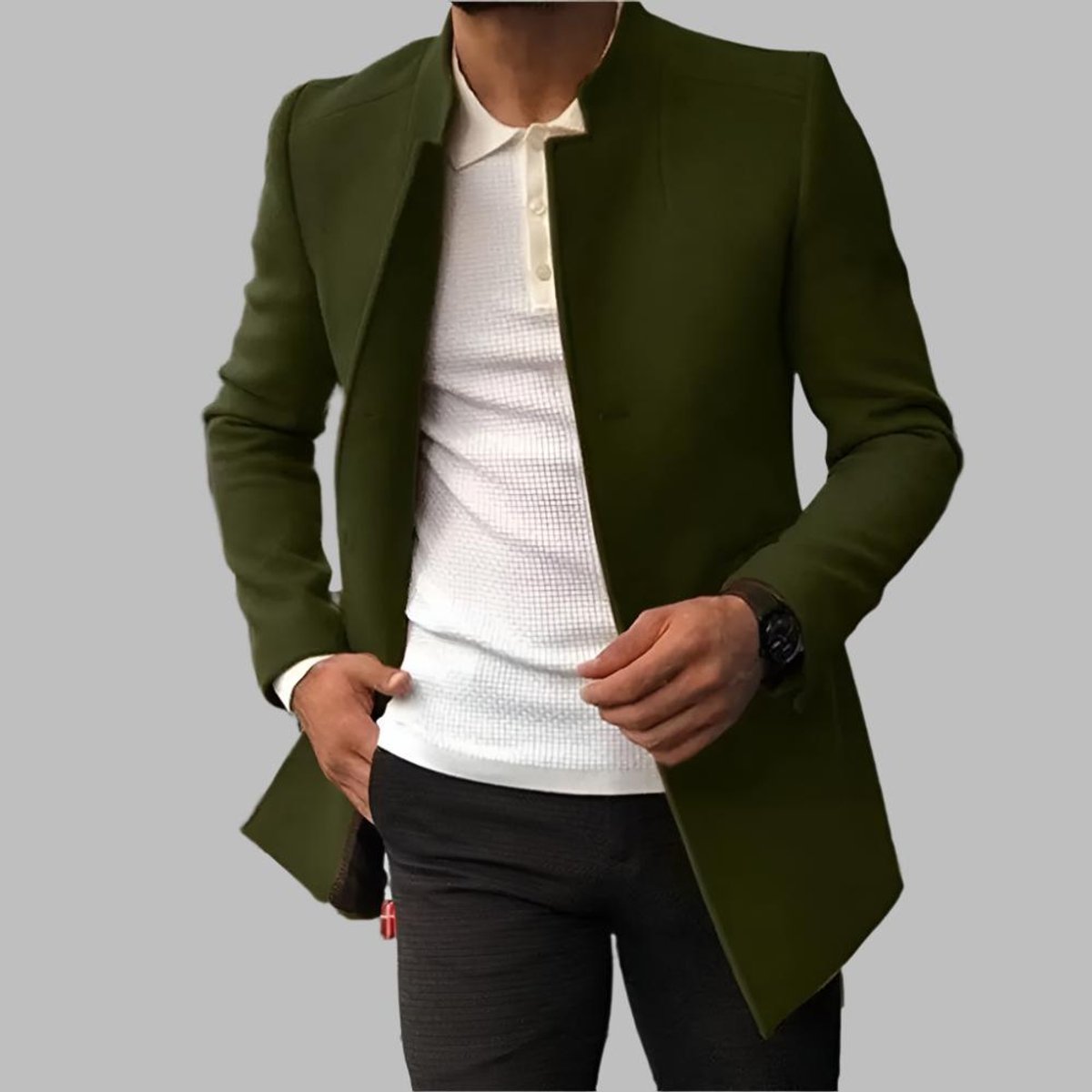 Mens Wool Coat Slim Fit Collarless Open Front Long Blazer - Green
