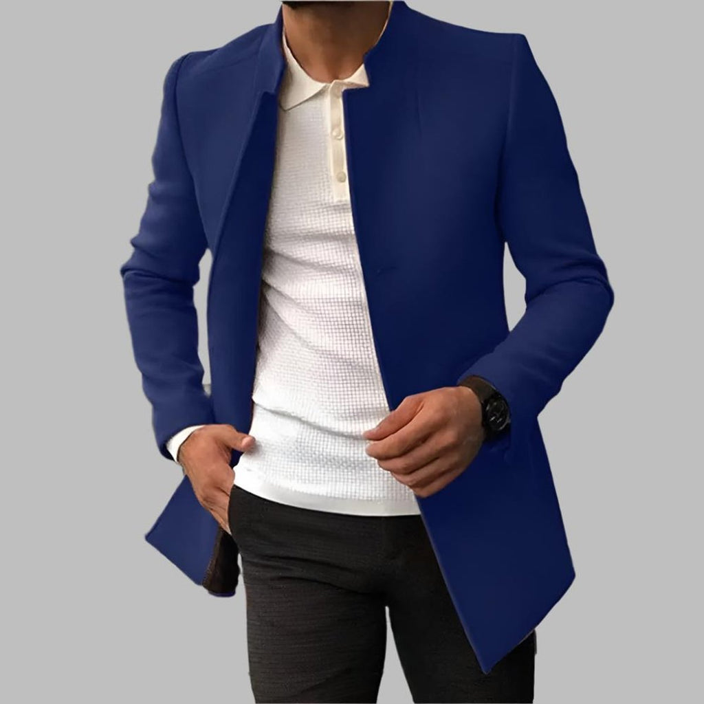 Mens Wool Coat Slim Fit Collarless Open Front Long Blazer - Blue
