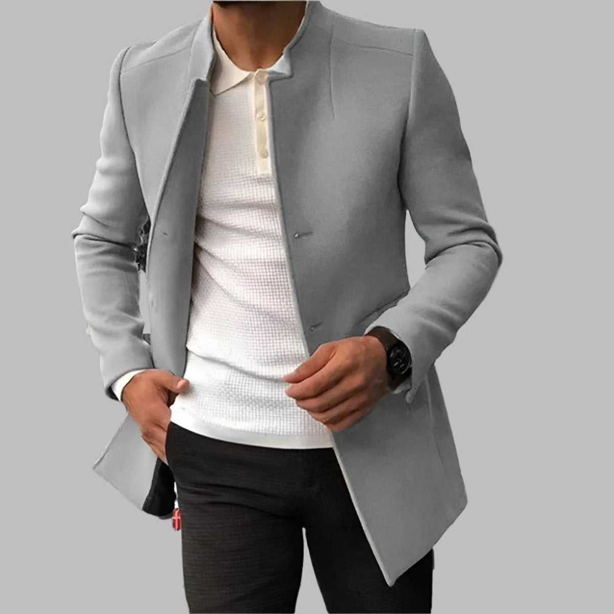 Mens Wool Coat Slim Fit Collarless Open Front Long Blazer - Gray