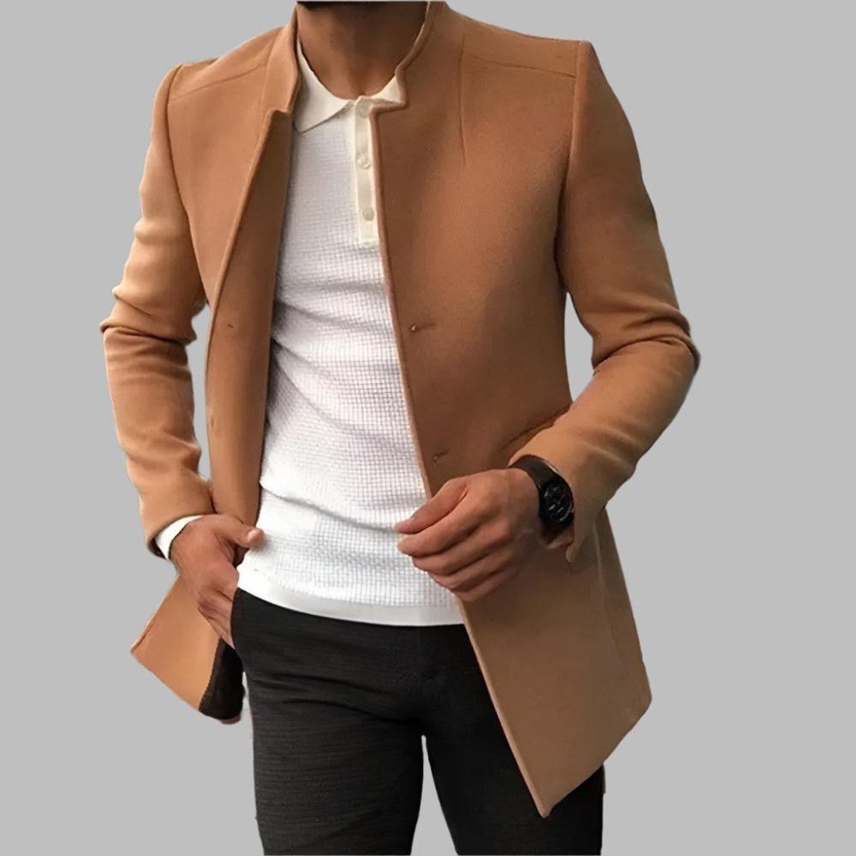 Mens Wool Coat Slim Fit Collarless Open Front Long Blazer - Camel