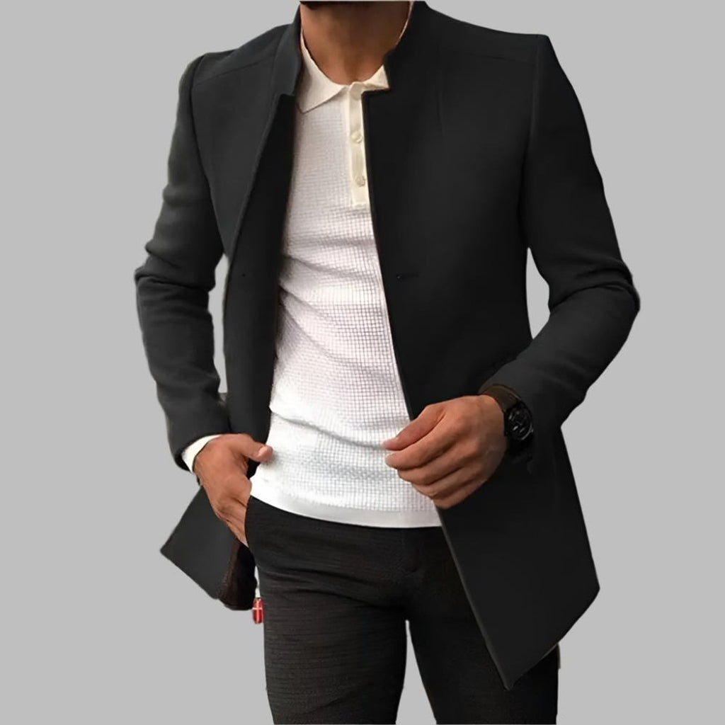 Mens Wool Coat Slim Fit Collarless Open Front Long Blazer - Black