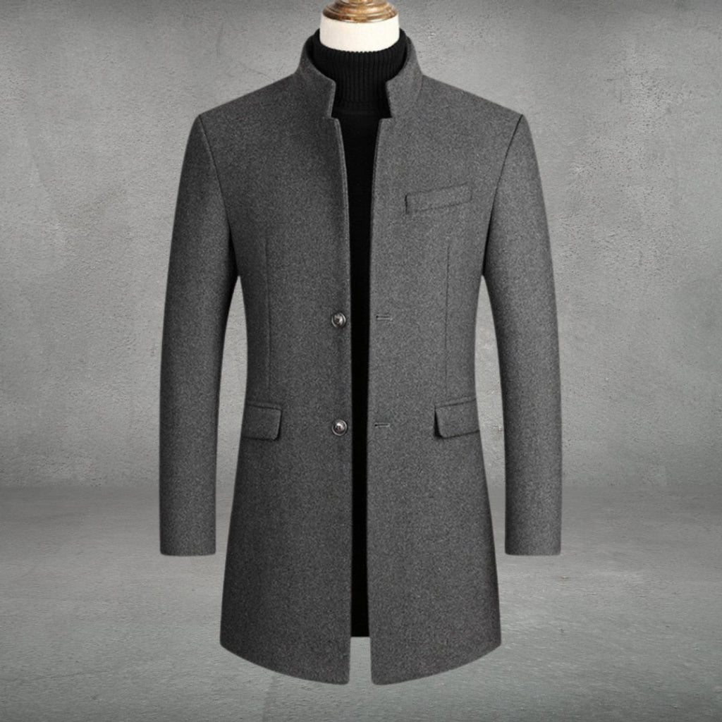 Mens Wool Coat Slim-Fit Stand-Collar Single-Breasted Overcoat - Gray