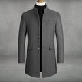 Mens Wool Coat Slim-Fit Stand-Collar Single-Breasted Overcoat - Gray