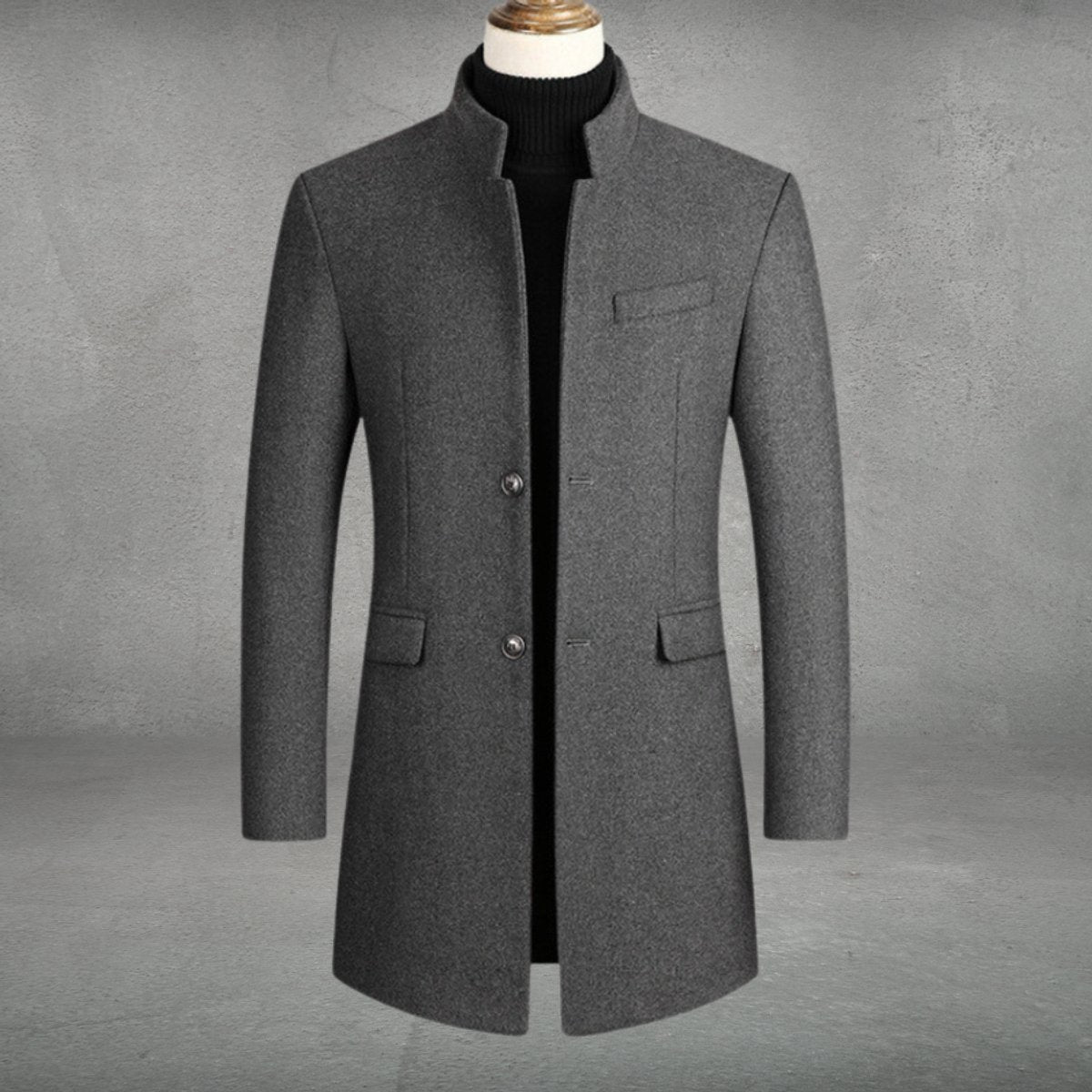 Mens Wool Coat Slim-Fit Stand-Collar Single-Breasted Overcoat - Gray