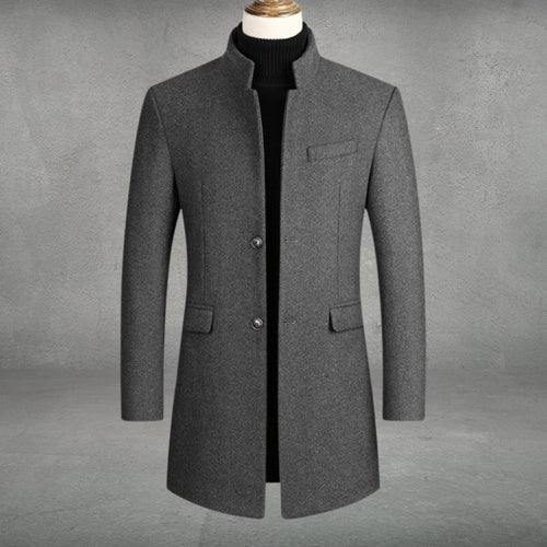 Mens Wool Coat Slim-Fit Stand-Collar Single-Breasted Overcoat - Gray