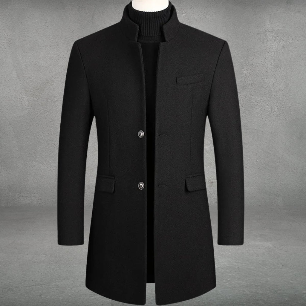 Mens Wool Coat Slim-Fit Stand-Collar Single-Breasted Overcoat