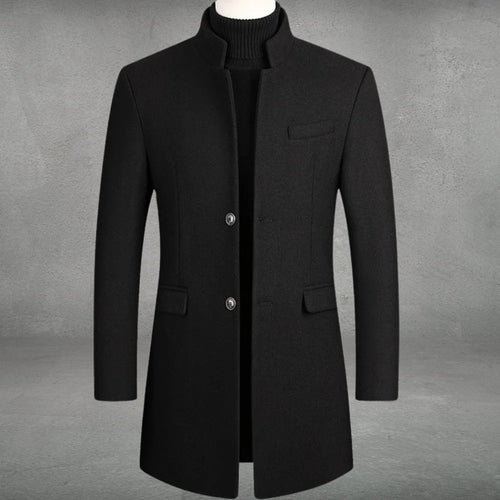 Mens Wool Coat Slim-Fit Stand-Collar Single-Breasted Overcoat