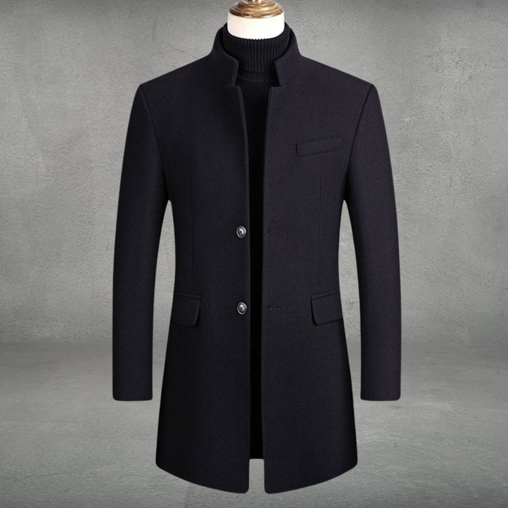 Mens Wool Coat Slim-Fit Stand-Collar Single-Breasted Overcoat - Black