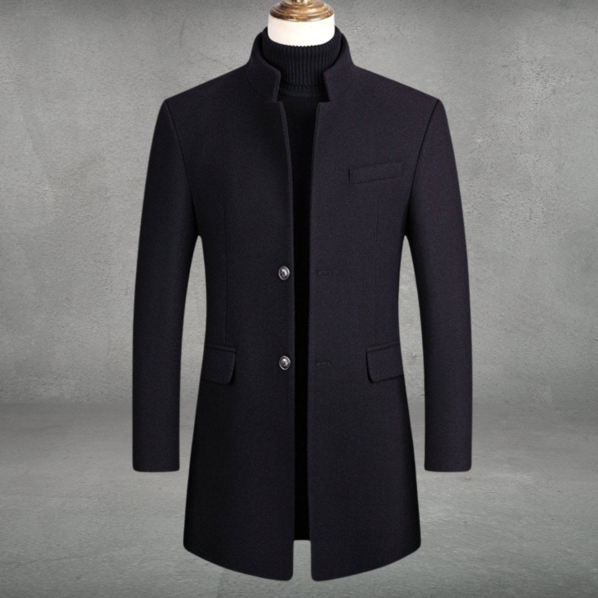 Mens Wool Coat Slim-Fit Stand-Collar Single-Breasted Overcoat - Black