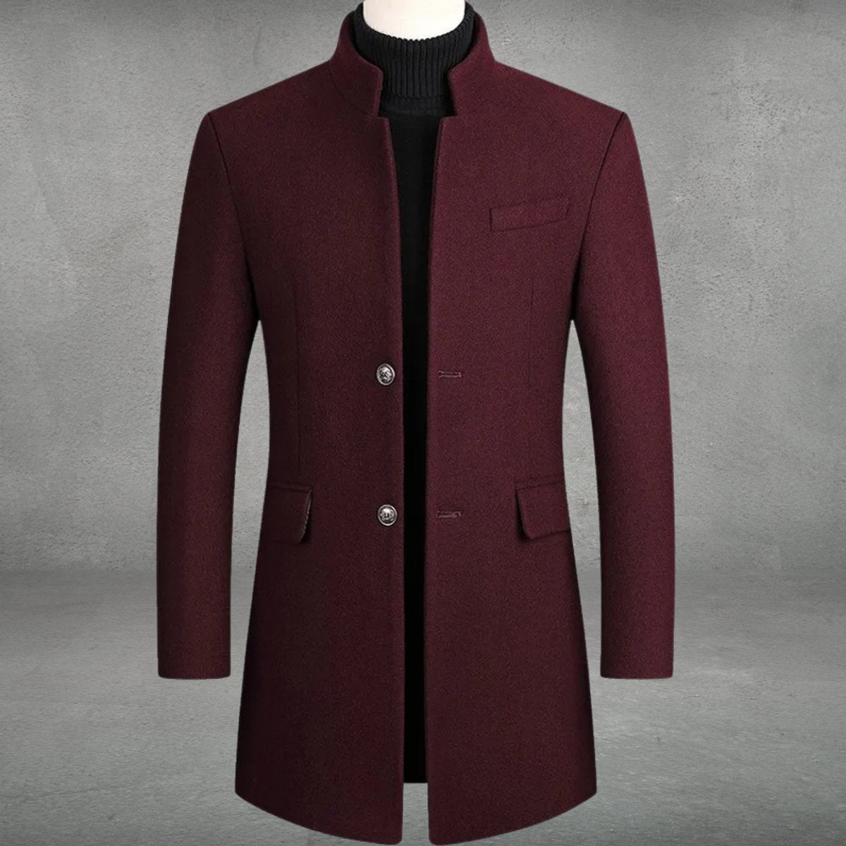 Mens Wool Coat Slim-Fit Stand-Collar Single-Breasted Overcoat - Burgundy