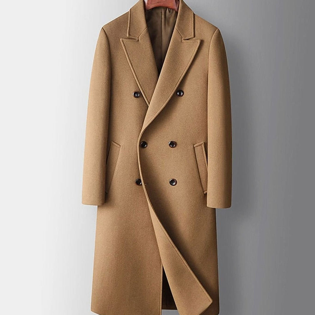 Men's Wool Double-Breasted Long Overcoat Notch Lapel - Khaki