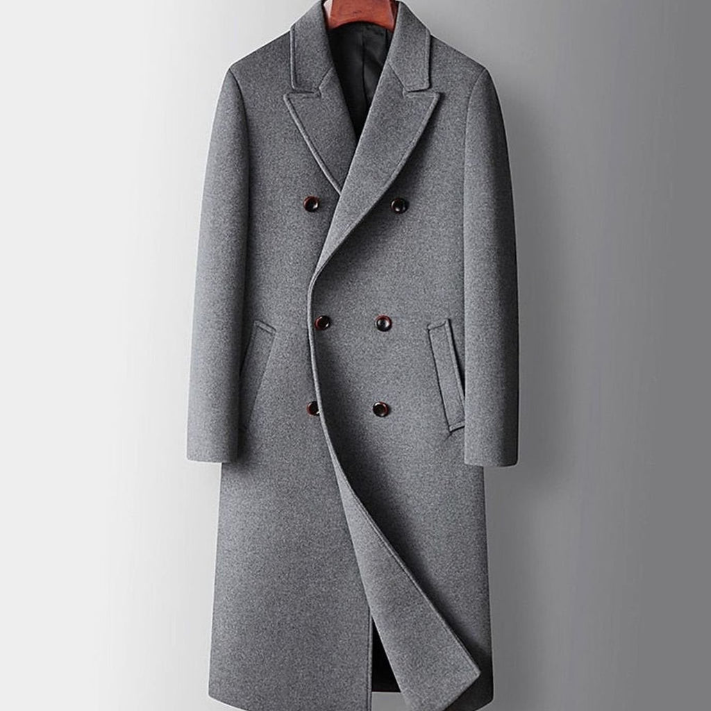 Men's Wool Double-Breasted Long Overcoat Notch Lapel - Gray