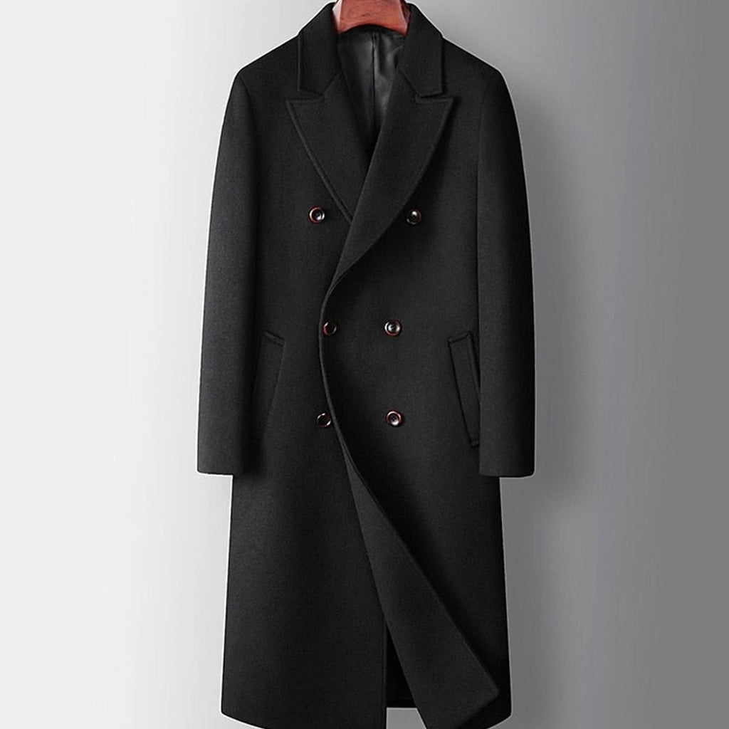 Men's Wool Double-Breasted Long Overcoat Notch Lapel - Black