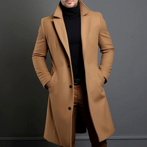 Men's Wool Notched-Lapel Longline Button-Front Overcoat - Khaki