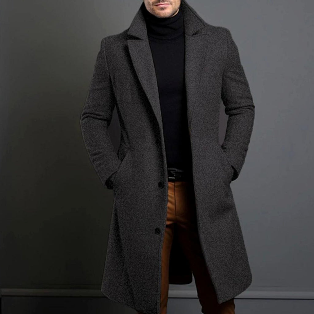 Men's Wool Notched-Lapel Longline Button-Front Overcoat - Dark Grey